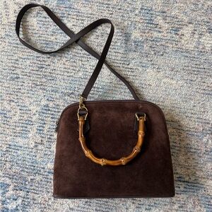 Gucci Dark Brown Suede Shoulder Bag with Bamboo Handle